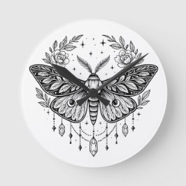 Relógio Redondo Arte de Linha Mística Gótica de Mariposa Botânica 