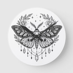 Relógio Redondo Arte de Linha Mística Gótica de Mariposa Botânica