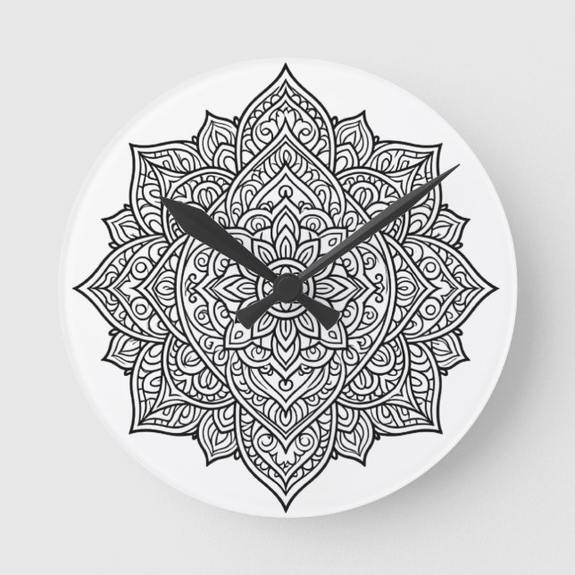Relógio Redondo Arte de Mandala com Linhas Pretas Intrincadas (Frente)