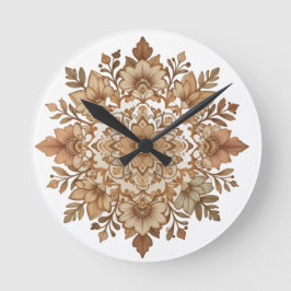 Relógio Redondo Arte de Mandala Floral Intrincado em Tons Marrons