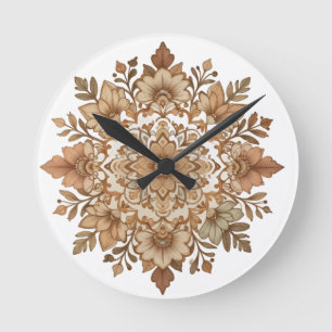 Relógio Redondo Arte de Mandala Floral Intrincado em Tons Marrons