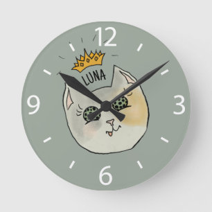 Relógio Redondo Arte de Nome de Gato Personalizado - Gato Branco e