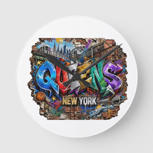 Relógio Redondo Arte de Parede com Grafite de Queens Nova York (Frente)