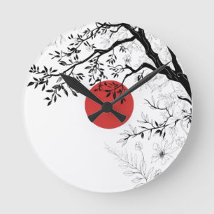 Relógio Redondo Arte de Pincel do Sol e Natureza Japonesa