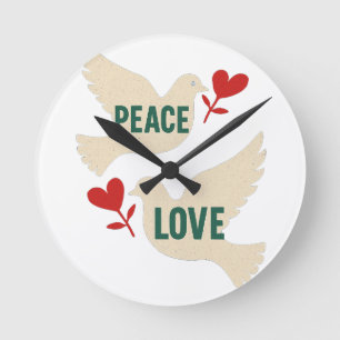 Relógio Redondo Arte de Pombo Vintage Paz e Amor com Motivo de Cor