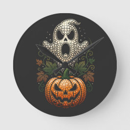 Relógio Redondo Arte de Ponto de Abóbora de Caveira de Halloween G