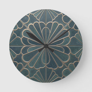 Relógio Redondo Arte Deco Geométrico em Verde Azul e Dourado com P