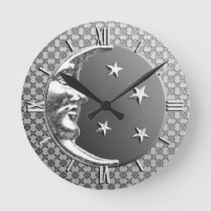 Relógio Redondo Arte Deco Lua e Estrelas, Cinzas Hematitas e Prata