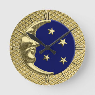 Relógio Redondo Arte Deco Lua e Estrelas, Marinho Azul e Dourado