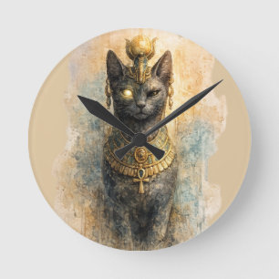 Relógio Redondo Arte em Aquarela da Deusa Gata Bastet do Antigo Eg