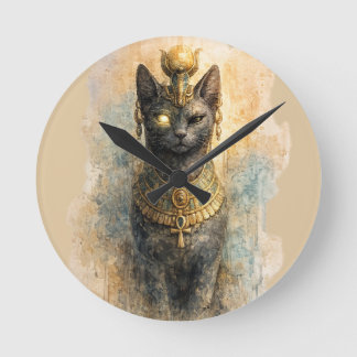 Relógio Redondo Arte em Aquarela da Deusa Gata Bastet do Antigo Eg