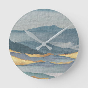 Relógio Redondo Arte em Aquarela Moderna Azul e Ondas Douradas