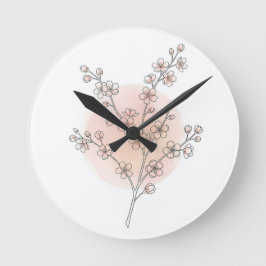 Relógio Redondo Arte em Linha de Flor de Cerejeira Rosa Água-marin