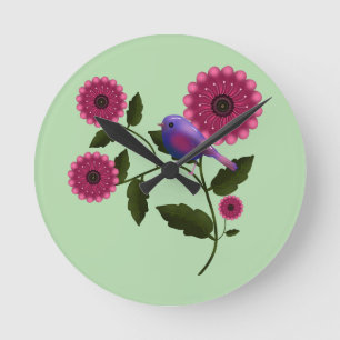 Relógio Redondo Arte Floral Vibrante de Primavera com Pássaro Roxo