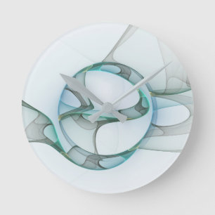 Relógio Redondo Arte Fractal Azul Turquesa Cinza Elegância Abstrat