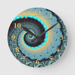Relógio Redondo Arte Fractal Espiral Azul Turquesa Abstrato Laranj