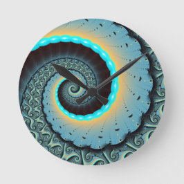 Relógio Redondo Arte Fractal Espiral Azul Turquesa Abstrato Laranj