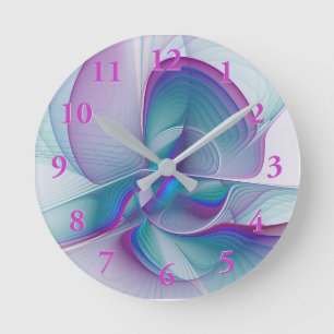 Relógio Redondo Arte Fractal Turquesa Azul Cor-de-Rosa Moderna