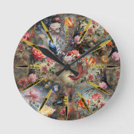 Relógio Redondo Arte Surrealista com Flores e Aves