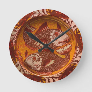 Relógio Redondo Artes e Ofícios Estilo William Morris Peixe Vermel
