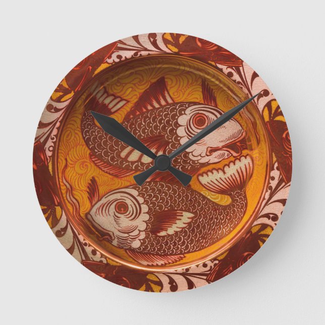 Relógio Redondo Artes e Ofícios Estilo William Morris Peixe Vermel (Frente)