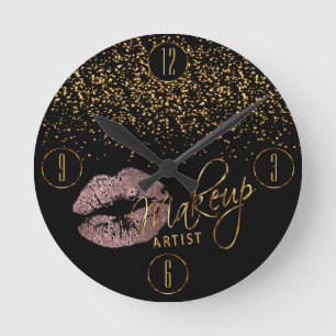 Relógio Redondo Artista Makeup Rosa Lábios poeirentos e Dourado Co