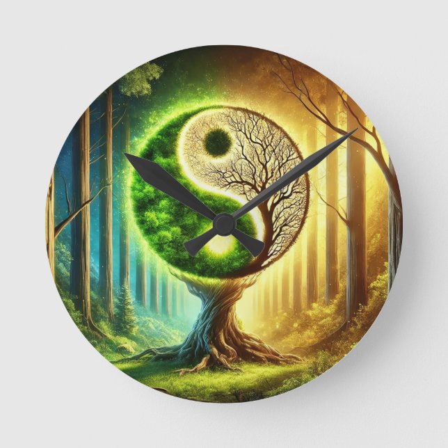 Relógio Redondo Árvore Simbólica Com Desenho Yin Yang (Frente)
