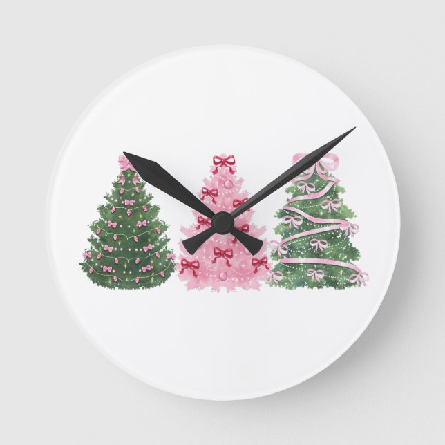 Relógio Redondo Árvores de Natal Rosa e Verde #xmas #natal  (Frente)