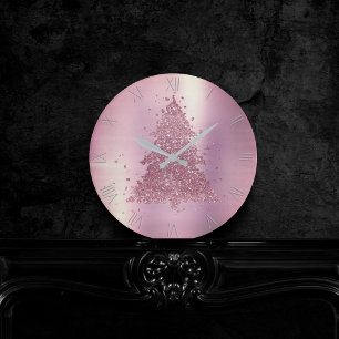 Relógio Redondo Árvores de Natal Shimmer   Mauve Pink Dusty Rosa