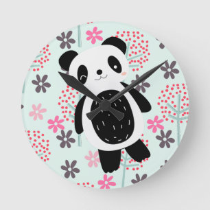 Relógio Redondo Árvores, Flores e Ursos de Panda