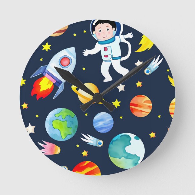 Relógio Redondo Astronauta no Espaço Planetas e Foguetes Padrão (Frente)