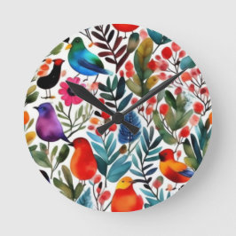 Relógio Redondo Aves florais coloridas