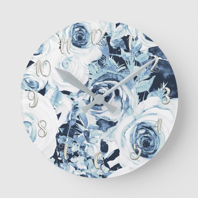 Relógio Redondo Azul Branco Prata Inverno Xadrez Chic Rosas Vintag (Frente)