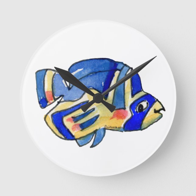 Relógio Redondo Azul Cartoon Butterfly Fish (Frente)