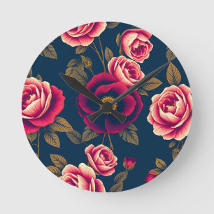 Relógio Redondo Azul Marinho Floral Vintage Coral Rosas Folhas Dou