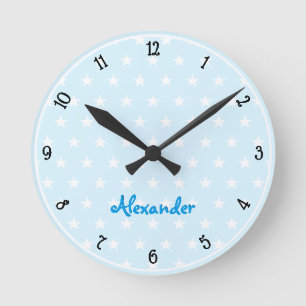 Relógio Redondo Azul White Stars Nome Personalizado Boys Room Nurs