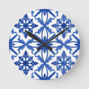 Relógio Redondo Azulejo de Telha Azul Branco Padrão Floral