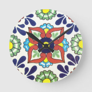Relógio Redondo Azulejo mexicano Talavera (vermelho, verde, amarel