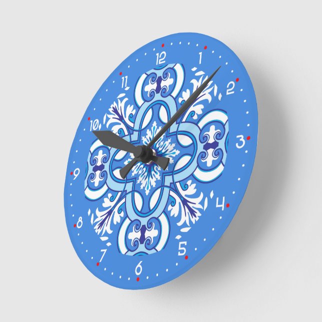 Relógio Redondo 💙 Azulejos azuis impressionantes (Ângulo)