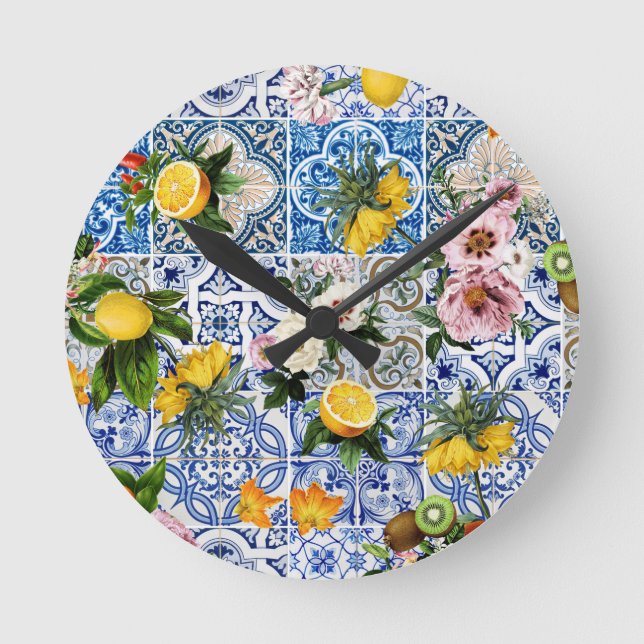 Relógio Redondo azulejos de estilo siciliano com flores e limão (Frente)