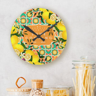 Relógio Redondo Azulejos Mediterrâneos Limão Laranja