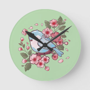 Relógio Redondo Azulinho Adorável da Primavera & Aquarela de Flor 
