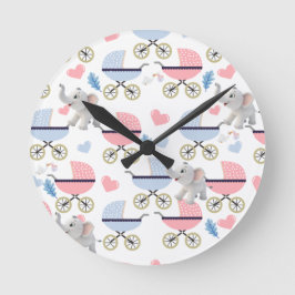 Relógio Redondo Baby Stroller Stork Elephant Blue & Pink Clock