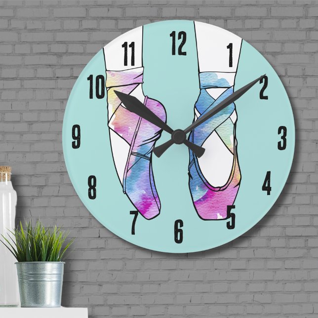 Relógio Redondo Balé Ballerina Cute (Cute Blue Pink Ballerina Shoes Watercolor Ballet Round Clock)