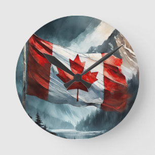 Relógio Redondo Bandeira Canadense Rocky Mountain em Watercolor