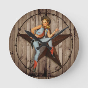 Relógio Redondo Barn Wood Texas Star West Country Cowgirl