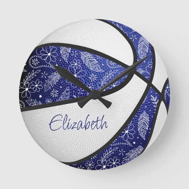Relógio Redondo basquete padrão de penas boho meninas branco azul (Frente)