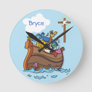Relógio Redondo Batismo de Bebê de Arca de Noah Personalizável, 