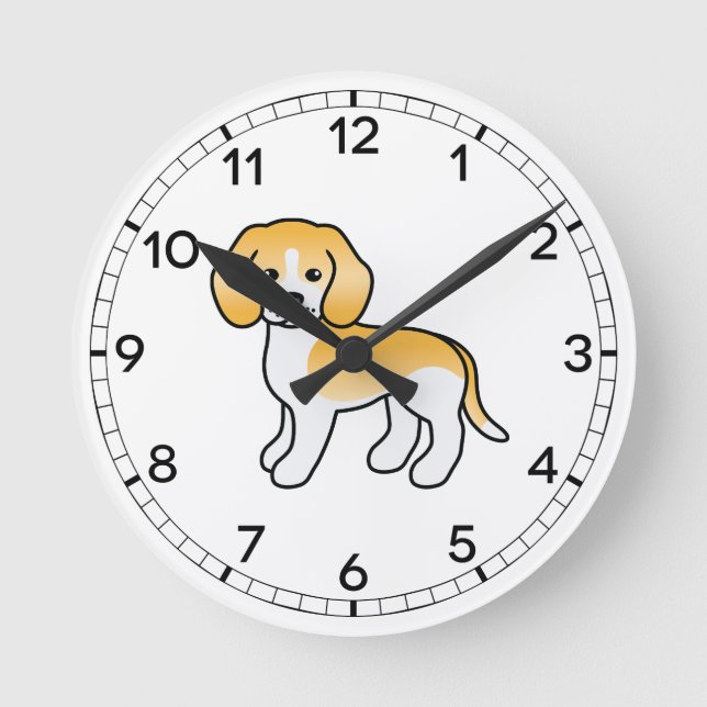 Relógio Redondo Beagle Branco e Limão Cachorro de Desenho Animado  (Frente)