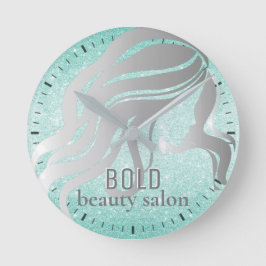 Relógio Redondo Beauon Salon Name Silver Foil + Aqua Blue Glitter